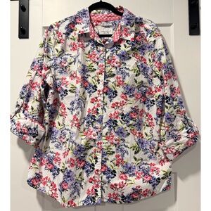 Charter Club Romantic Floral Cotton Button Front Blouse Ladies Size 18